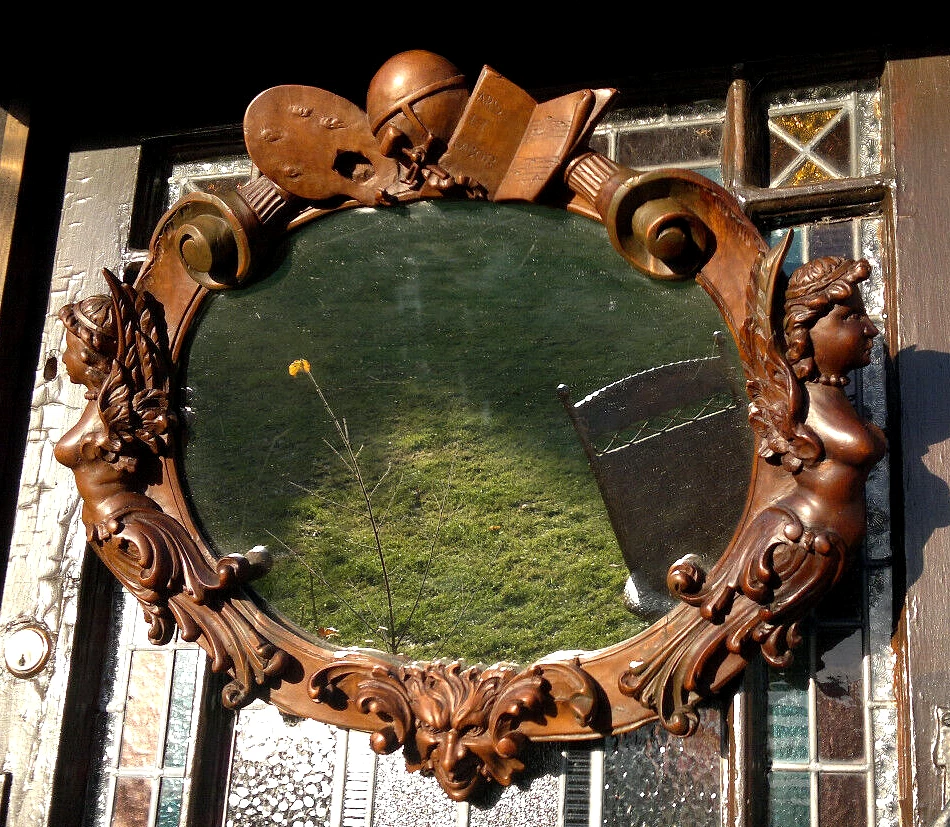 Espejo ovalado antiguo italiano neoclásico "arte y obra" tallado a mano 24,5" x 21,5" Foto 2 de 4