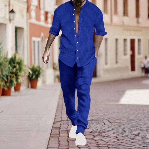 Conjuntos informales de 2 piezas de algodón y lino para hombre camisas Henley pantalones conjuntos playa - Imagen 52 de 60