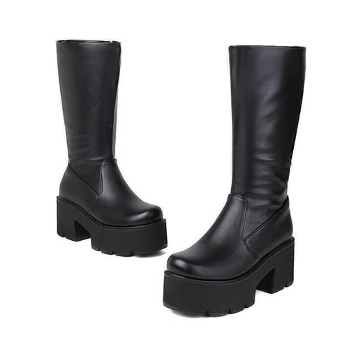 Moda Damas Mujeres Club Medio Pantorrilla Botas Plataforma Punta Redonda Tacones Medianos Cremallera Zapatos - Imagen 5 de 9