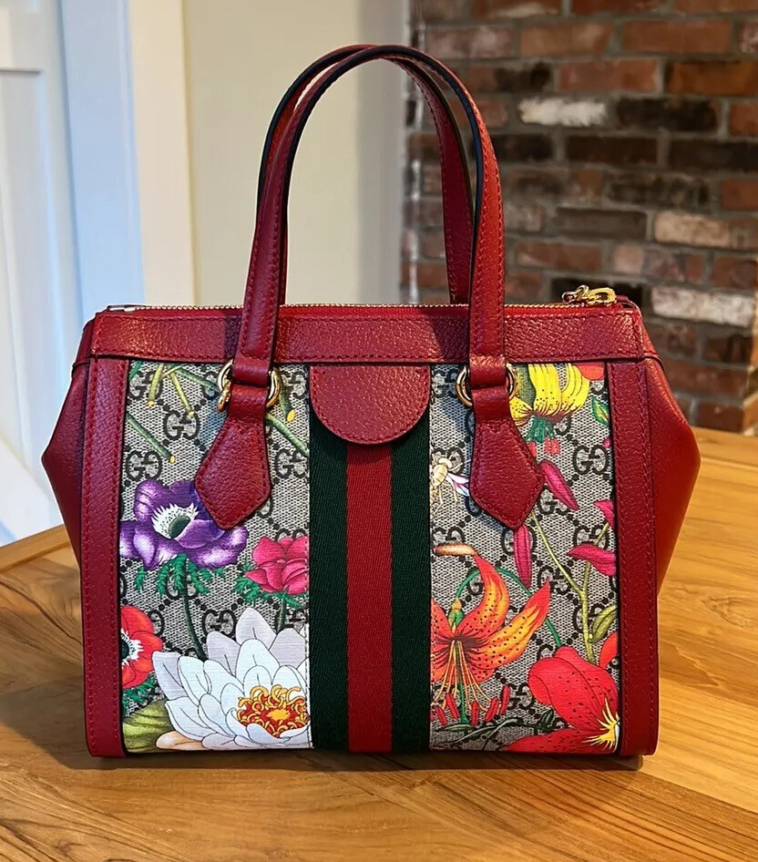 Gucci Ophidia Red Flora Small Tote GG Leather Canvas Flower