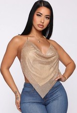 Womens Fashion Gold Sparkle Shine Rhinestone Halter Top O/S NWT