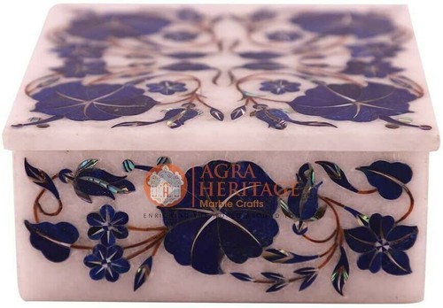 4"x4"x2" White Jewelry Organizer Box Lapis Marquetry Flower Art Christmas Gift - Picture 2 of 4