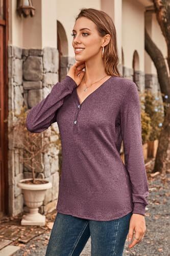 Damen V-Ausschnitt Sommer Tops Freizeit Henley Knopf unten T groß B-dunkelrot-102 - Bild 3 von 7