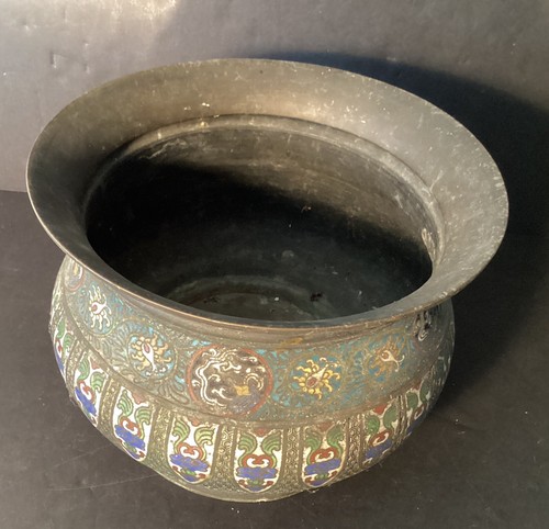 Large Antique Asian Bronze Champleve Jardiniere - Planter - Picture 2 of 8