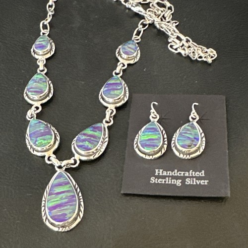 Pendientes colgantes navajo de plata de ley collar de ópalo sintético púrpura Lariat 16258 - Imagen 9 de 12