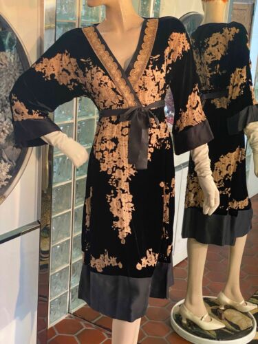 Hale Bob Burnout Velvet Dress Black Tan Y2K Boho High waist Dolman Sleeve Bead S - Picture 2 of 12