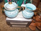 Never Used Warranted 22 kt. Gold USA Sugar and Creamer Blue and Gold