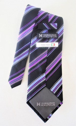 Men's Hansarde Hauteur Handmade 100% Silk Black & Purple Multi Stripe - Picture 3 of 3