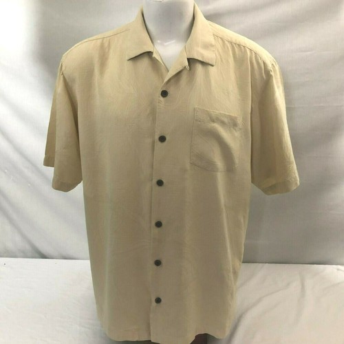 Tommy Bahama Herren Hawaii Aloha Hemd Large gelb geprägte Palmen 100% Seide - Bild 2 von 7