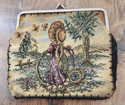 Vintage Tapestry Purse Bag Girl Bicycle Butterflies  Blue Green Pink - Picture 1 of 7