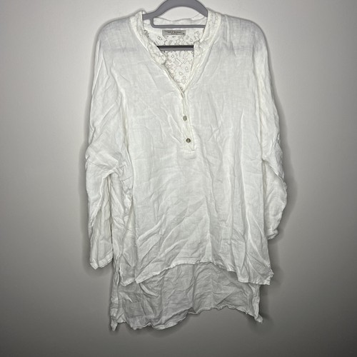 Viola Borghi Tunic Top Womens 3X White Linen Lace High Low Lagenlook Oversized - Picture 5 of 10