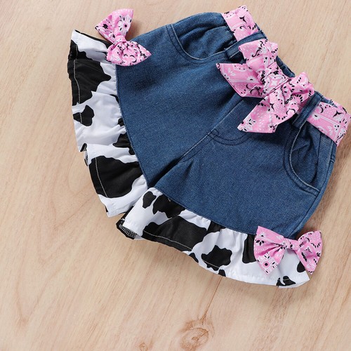 Toddler Girl Cowgirl Ruffle Tops With Demin Shorts Western Outfit Baby Clothes - Picture 11 of 13
