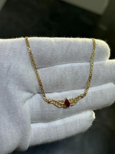 14k Yellow Gold Natural Red Ruby Pear Shape Vintage Basket Weave Necklace - Picture 9 of 14