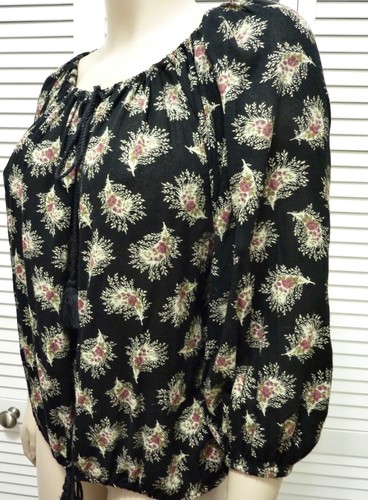 NWT $89 Denim & Supply Ralph Lauren Peasant Blouse XS Black /Floral Cotton Blend - Picture 3 of 8