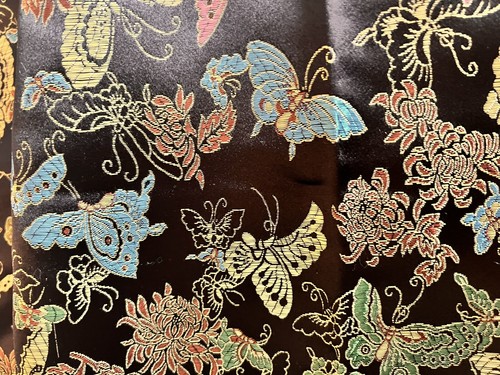 Oriental Asian Black Jewel Tone Fabric 3 Yards Metallic Brocade Butterfly - Picture 9 of 15