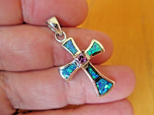 GROSSER FEUEROPAL EDELSTEIN STERLINGSILBER KREUZ ANHÄNGER VON JERUSALEM - Bild 6 von 7