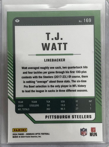 T.J. Watt 2024 Donruss Optic Football Card #169 Pittsburgh Steelers - Picture 2 of 2