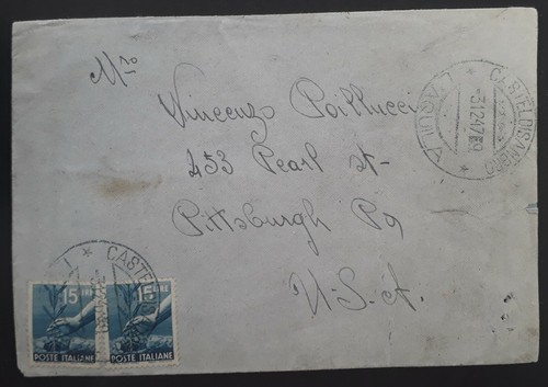 1947 Italy Cover ties 2 x 15L stamps cancelled Castel di Sangro to USA - Picture 1 of 2