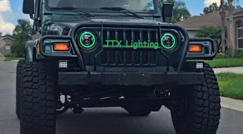 JTX 1 pair 7" LED Headlights with Green and White Halo Angel Eye DRL - Foto 4 di 12