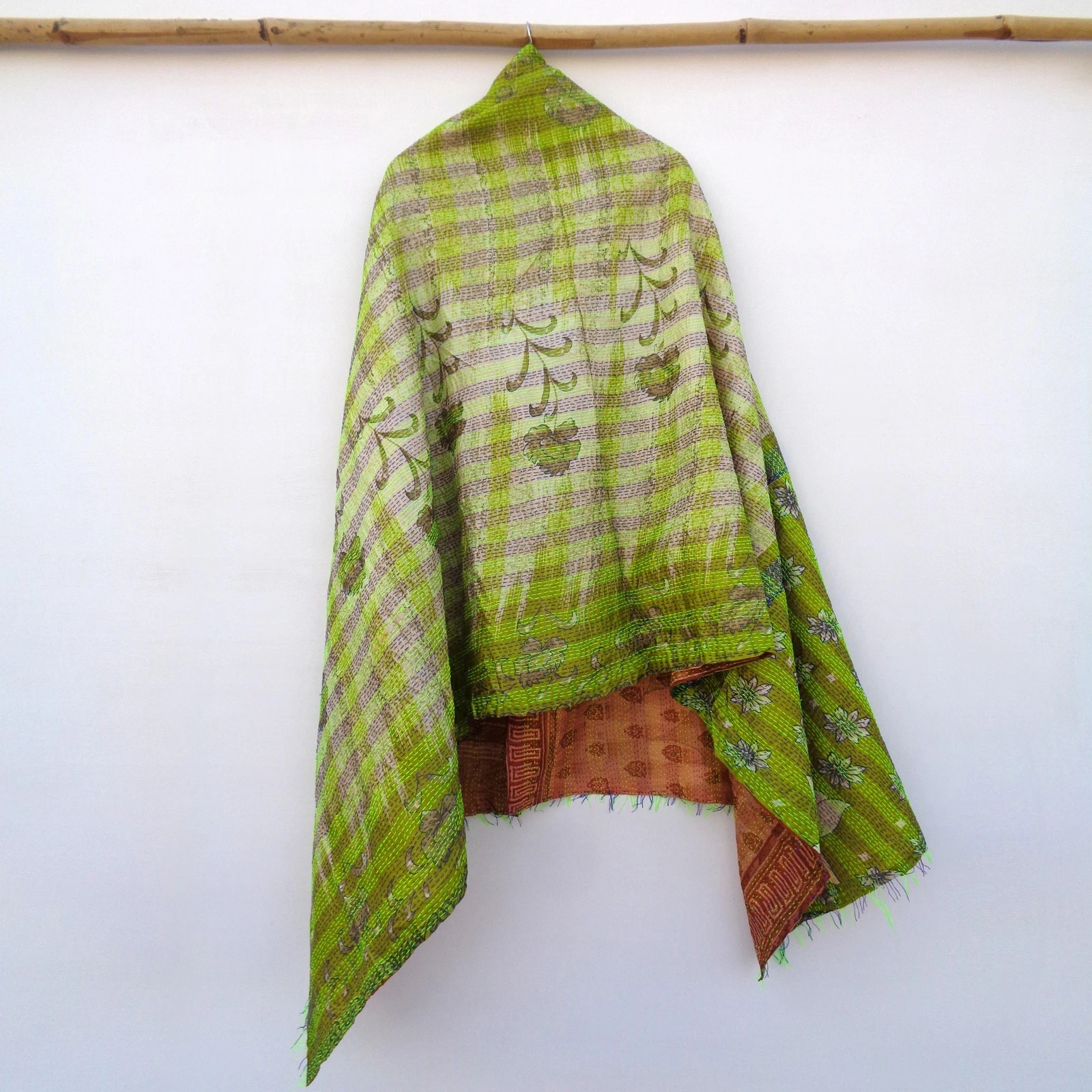 Silk Kantha Scarf Neck Wrap Stole Dupatta Hand Quilted Women Shawl Stitched
