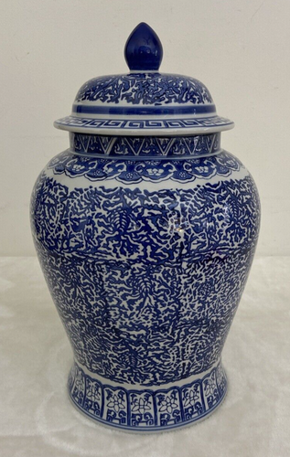 Vintage Large Ceramic Ginger Jar Urn w Traditional Blue Pattern Hamptons Coastal - Picture 14 of 15