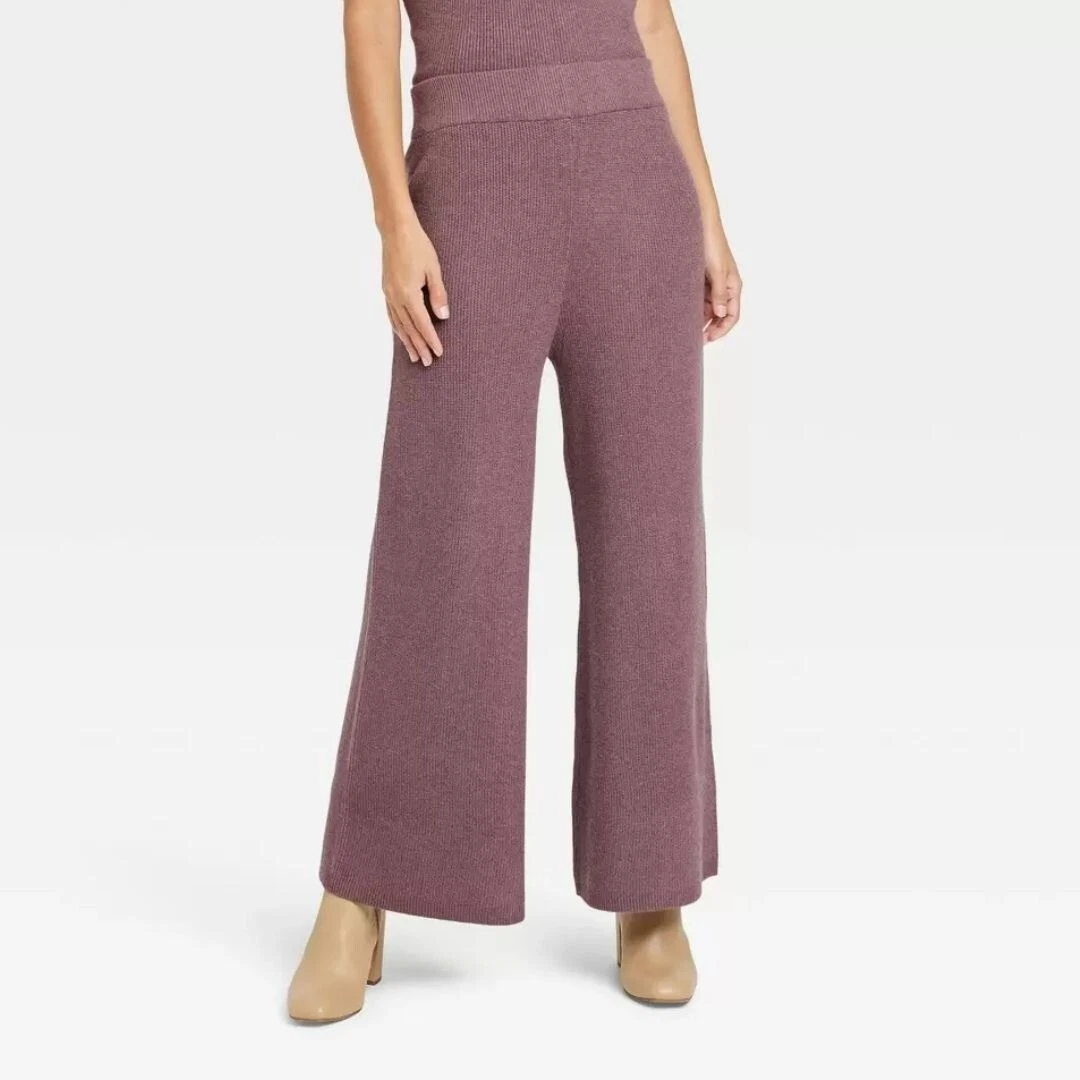 Women's High-Rise Ribbed Sweater Wide Leg Pants - A New Day Purple XS