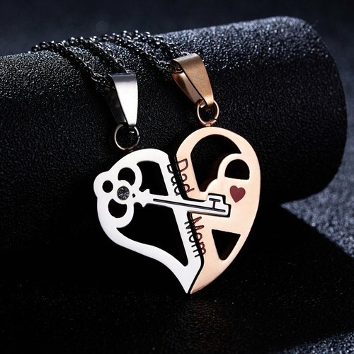 2pcs Stainless Steel Love Heart Lock Key Pendant Necklace Couples Jewelry Gift - Picture 2 of 9