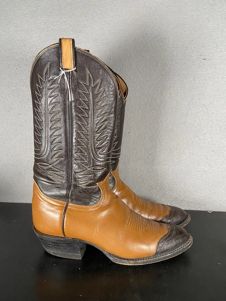VTG Tony Lama Cowboy Western Boot Peanut Brittle Teju Lizard Toe Cap Cognac 10 A - Image 4 of 4