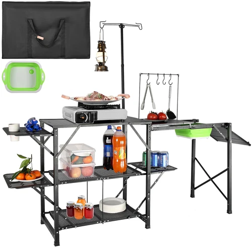 Camping Kitchen Table Folding Portable Cook Station Tables Shelves&A Sink