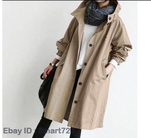 Womens Fashion Hooded Drawstring Waist Loose Jacket Trench Coat Outwear - Picture 3 of 13