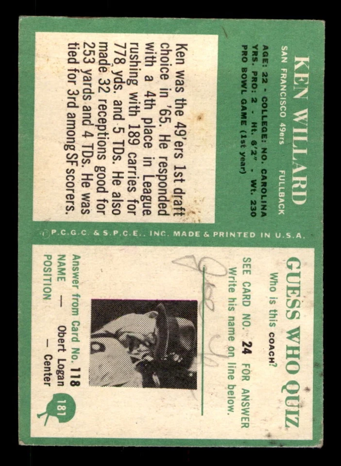 1966 Philadelphia Football #181 Ken Willard GD *e1 - Image 2 of 2