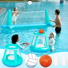 Inflatable Pool Float Game Set with Inflatable Volleyball Net & Basketball Hoops