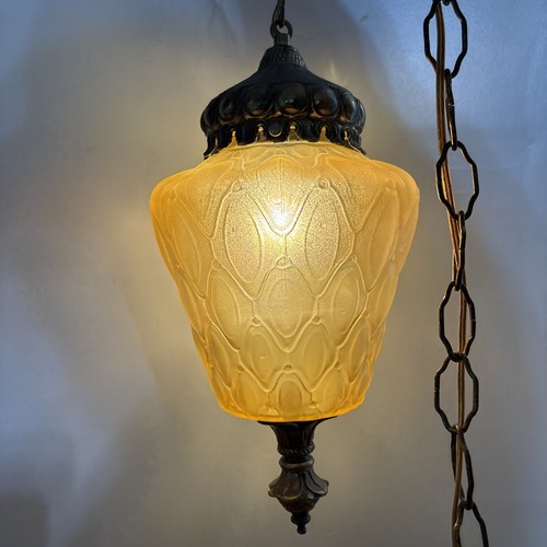 Vintage Swag Hanging Lamp Light Amber Glass Quilt Pattern 12ft Chain Plug In - Picture 2 of 10