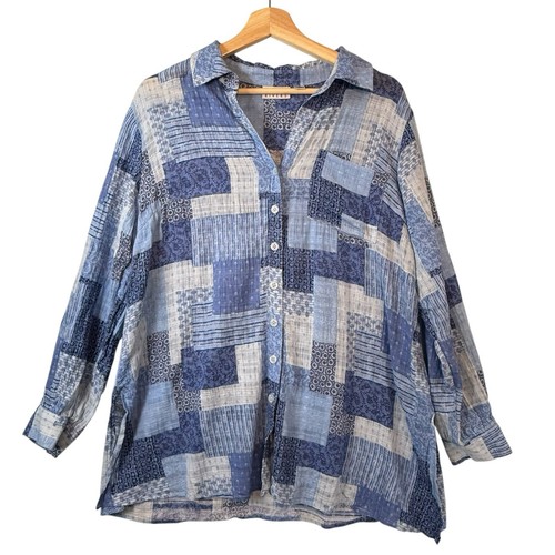 Vintage Patchwork Knopfleiste Tunika Top Joan Rivers Damen Shirt GR MP blau Landhaus