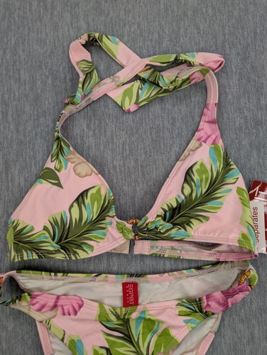 Vintage Esprit Bikini Womens Small Pink Green Leaf Floral Halter Top Bottom Y2K - Picture 2 of 14