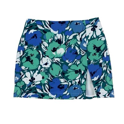 Bailey Rose Blue Green Floral Mini Skirt High Waist Slit Front Small