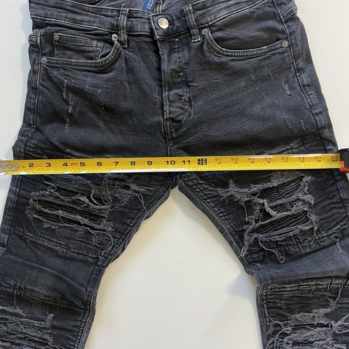 H&M Men’s Ripped Pleated Slim fit Patch Stretch Distressed Black Denim Jeans - Picture 7 of 11