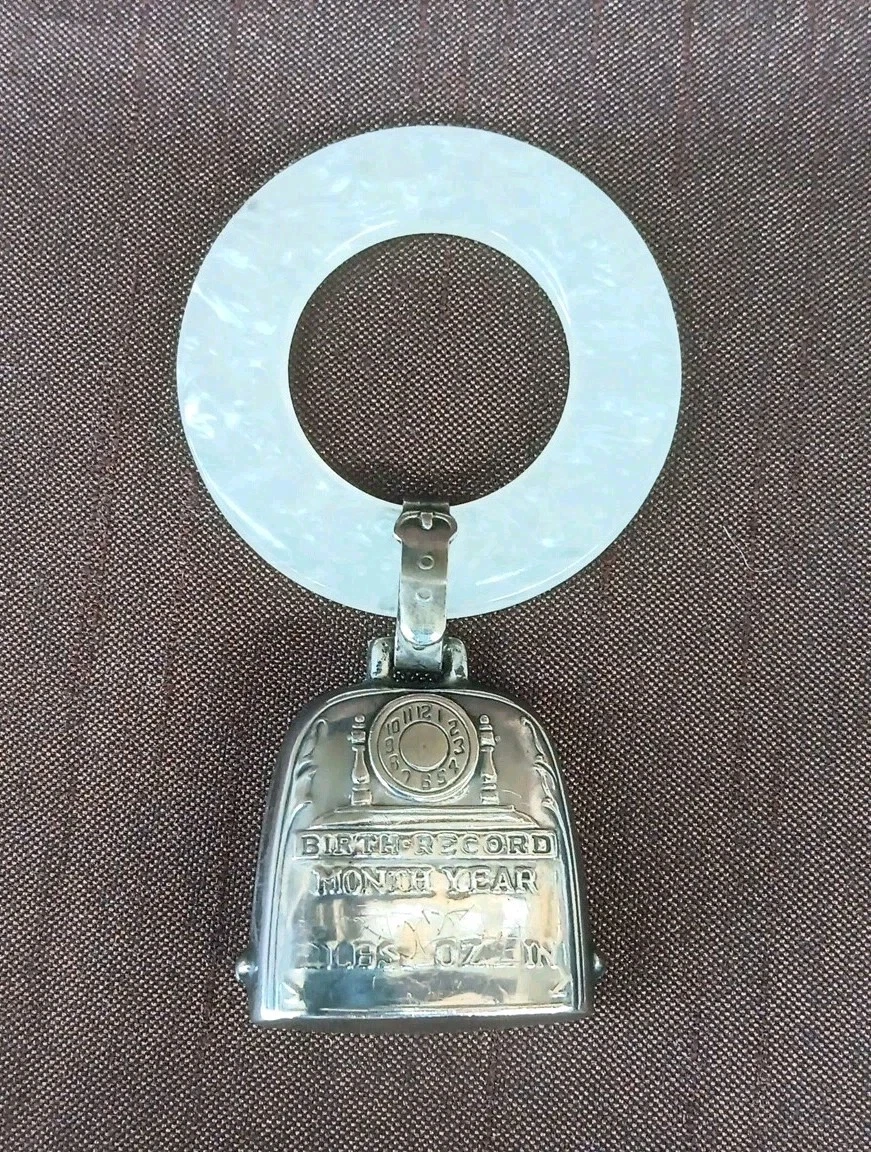 Antique Sterling Silver Engraveable Baby Birth Record Teething Ring Rattle