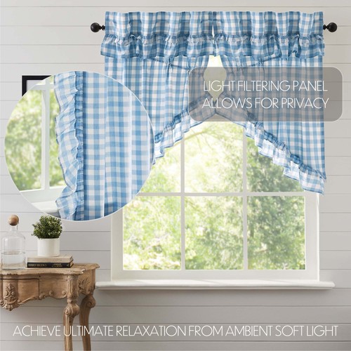 VHC Brands Annie Buffalo Blue Ruffled Set (2 Prairie Swag 36x18 ; 2 Tier 36x36) - Picture 5 of 8