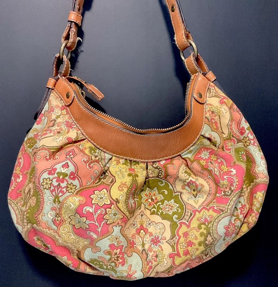 De Colección Fossil 78082 Paisley Tapiz Hobo Bolso de Hombro Tela Cuero Borde Boho Llave Foto 3 de 4