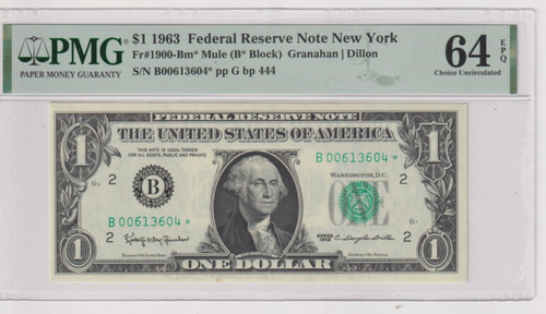Fr 1900-Bm* MULE STAR 1963 $1 FRN B00613604* bp 444 PMG 64EPQ NEW YORK - Picture 1 of 2