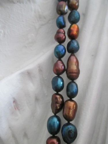 60" Fresh Water Pearl Necklace Copper & Teal Pearl Strand - Picture 2 of 9