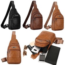 Men's Leather Sling Bag Chest Pack Crossbody Shoulder Backpack USB Earphone Port