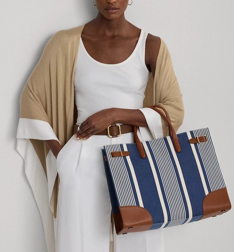 LAUREN RALPH LAUREN Canvas Large Devyn Tote Bag Atlantic Stripe/Indigo 350 $