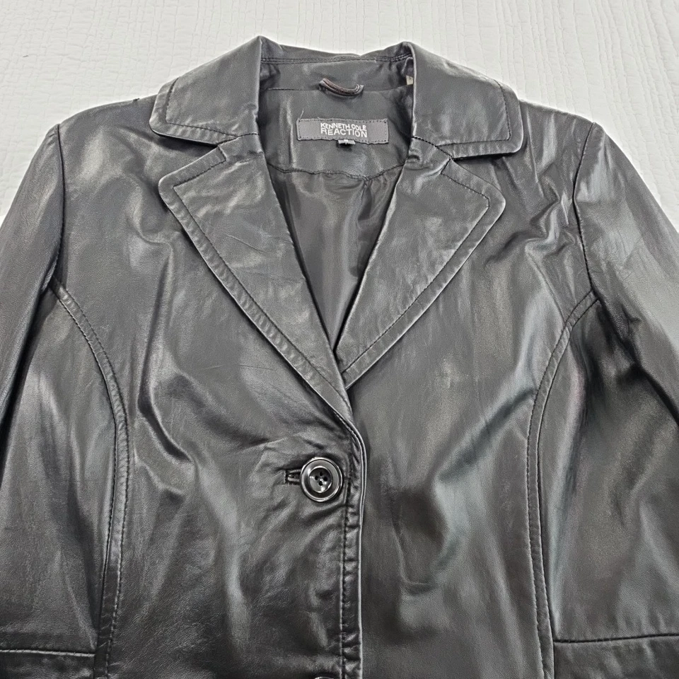 Kenneth Cole Reaction 真皮夹克女式 M 黑色二手状况完好 2 纽扣衬里 — 第 4/4 张图片