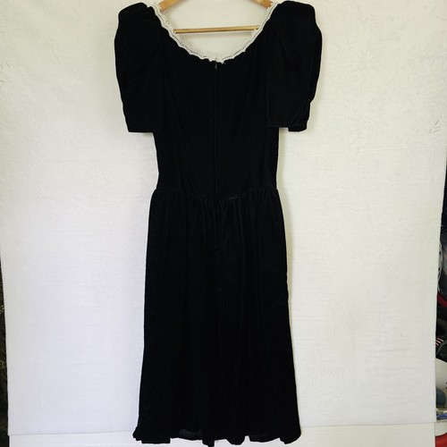 Gunne Sax Dress 7 Velvet V Neck Lace VTg Gothic Romance Puff Short Sleeve Midi - Picture 4 of 13