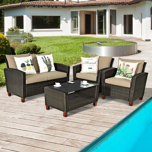 4PCS Cushioned Rattan Conversation Set w/ Coffee Table Patio Outdoor - Picture 4 of 10