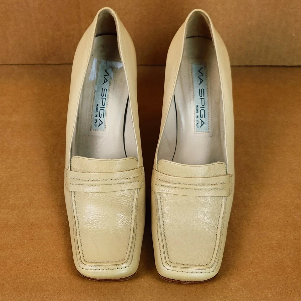 Mocasín Via Spigia Puntera Cuadrada Tacón Bloque Mediano Cuero Amarillo Mantequilla Para Mujer Talla 8 Foto 2 de 4