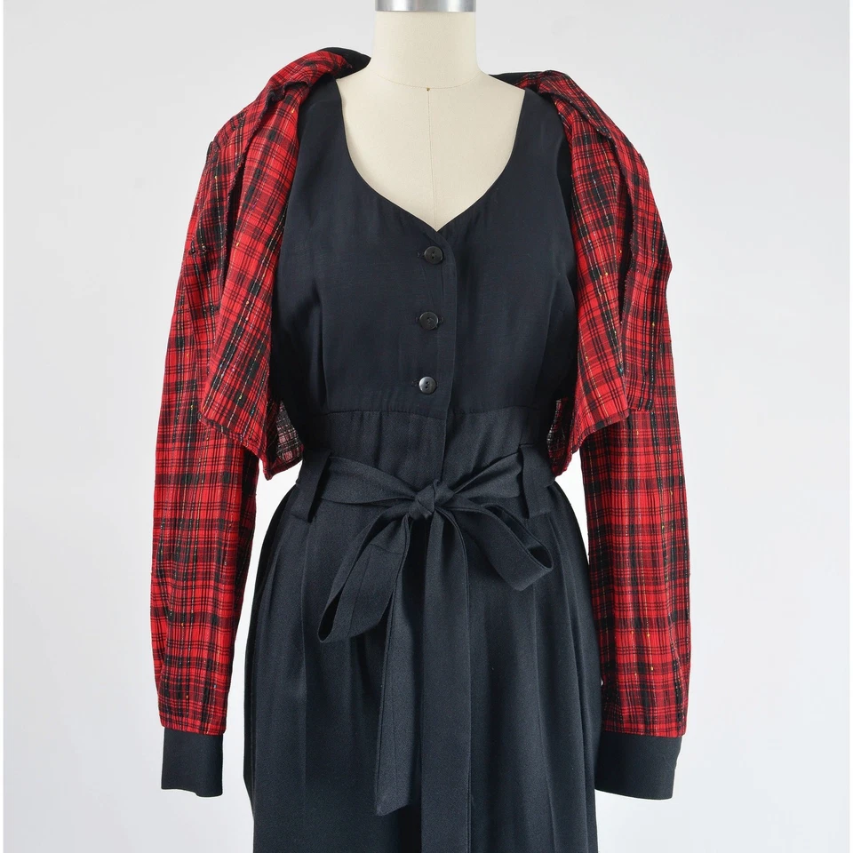 Macacão xadrez vintage anos 90 vermelho e preto shorts jumper com cinto de gravata G - Imagem 4 de 4