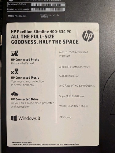 HP Pavilion Slimline 400-334 Desktop PC – NO RAM / NO HDD – Powers On - Afbeelding 5 van 10